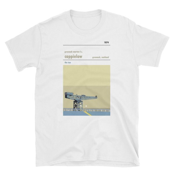 A t-shirt of Cappielow, home to Greenock Morton FC, showing the ship building crane on the Clyde River