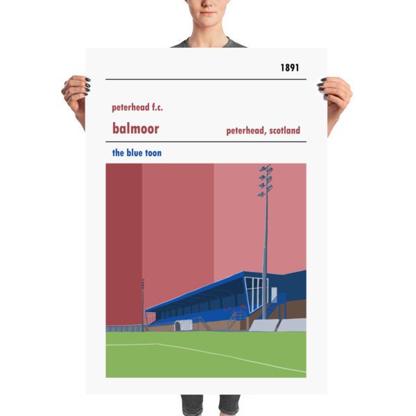 Huge football poster of Peterhead FC and Balmoor Stadium