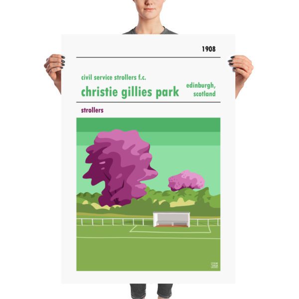 A huge stadium poster of Civil Service Strollers FC and Christie Gillies Park