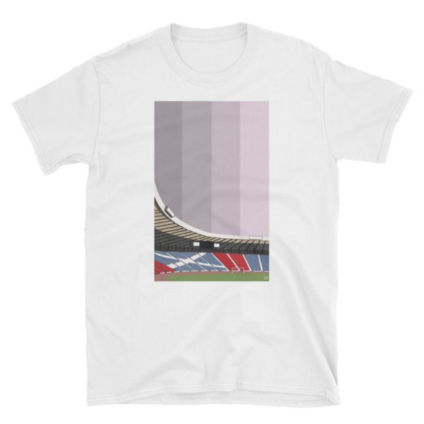 A white t shirt of Hampden Park, Glasgow, clean design