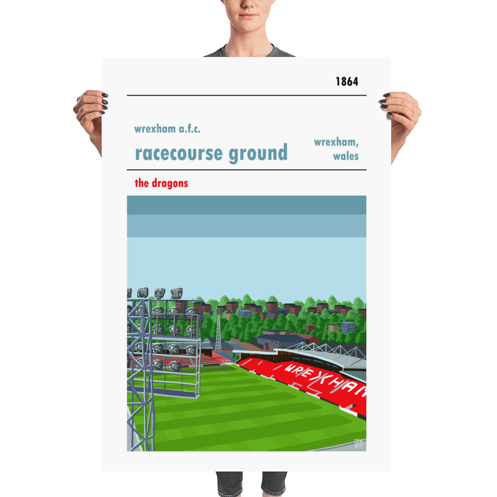 A huge stadium poster of Wrexham AFC and the Racecourse ground
