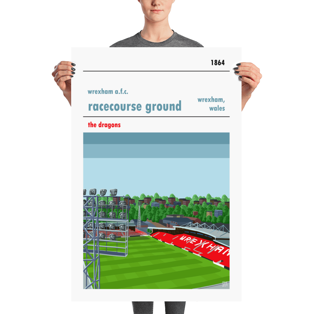 A large football poster of the Racecourse Ground and Wrexham FC