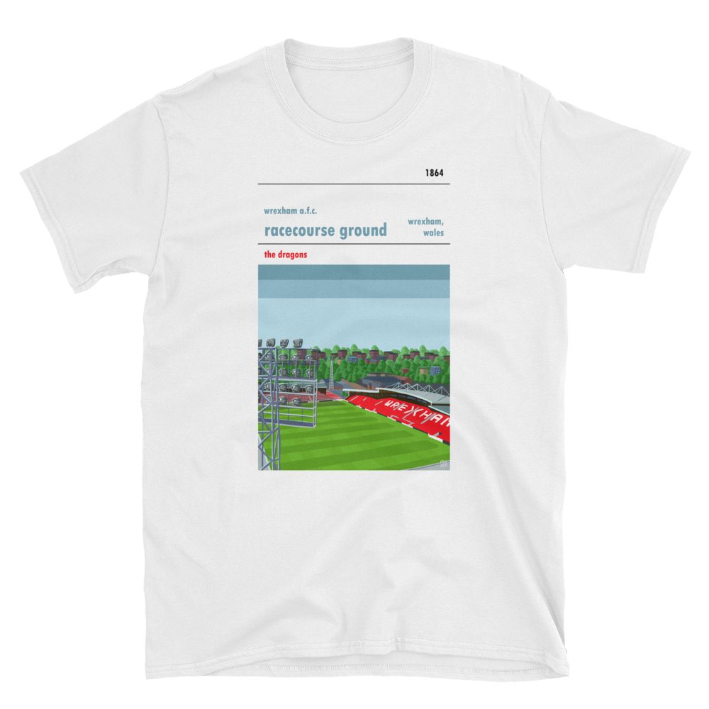 A white t shirt of the Racecourse Ground, home ground of Wrexham AFC