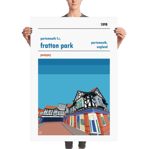 A huge football poster of Fratton Park, home to Portsmouth FC