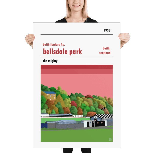 A huge football poster of Beith Juniors and Bellsdale Park