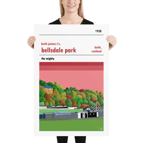 A large football poster of Bellsdale Park and Beith Juniors