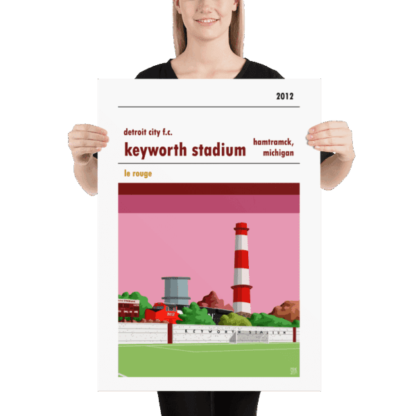 A football stadium poster of Keyworth Stadium, home to Detroit City FC. Le Rouge.