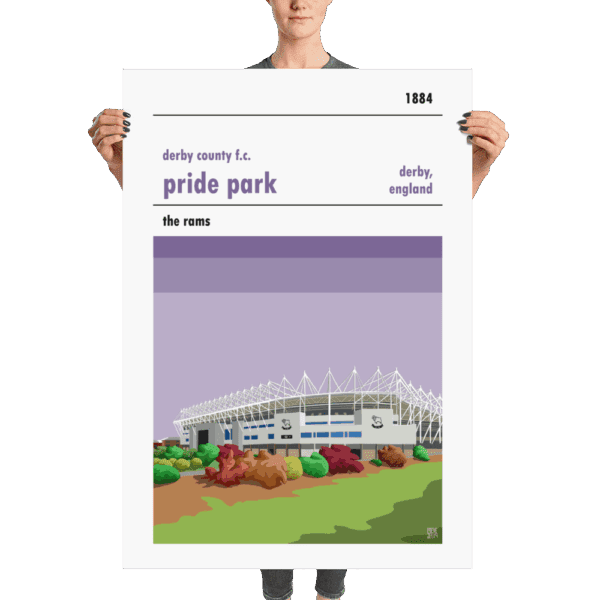 A huge football poster of Pride Park, home to Derby County FC