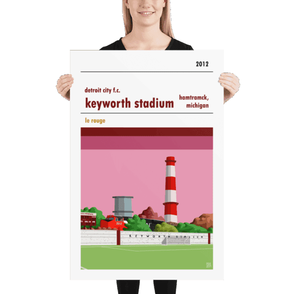 A huge football poster of Keyworth Stadium, home to Detroit City FC. Le Rouge