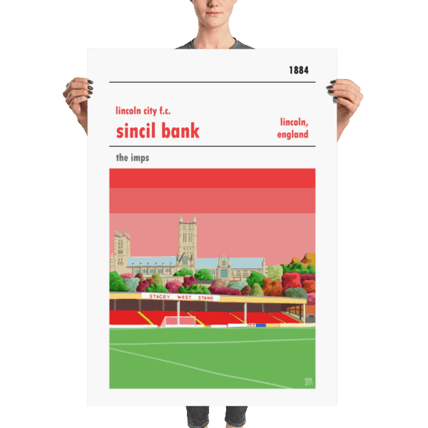 A huge poster of Sincil Bank, home of Lincoln City FC.