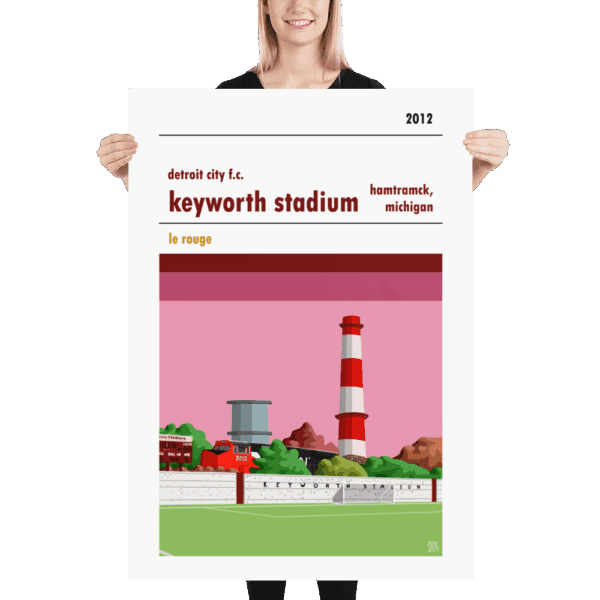 A huge football poster of Detroit City FC and Keyworth Stadium. Le Rouge.