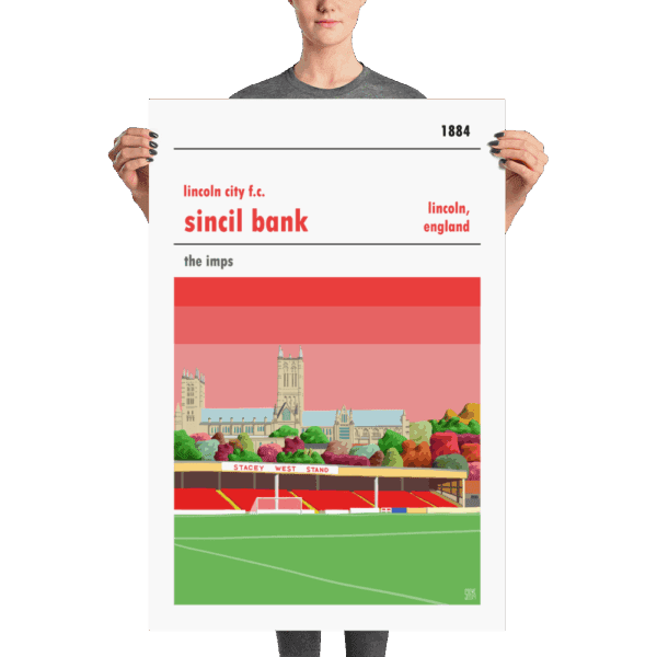 A large football poster of Sincil Bank, home to Lincoln City FC. The Imps