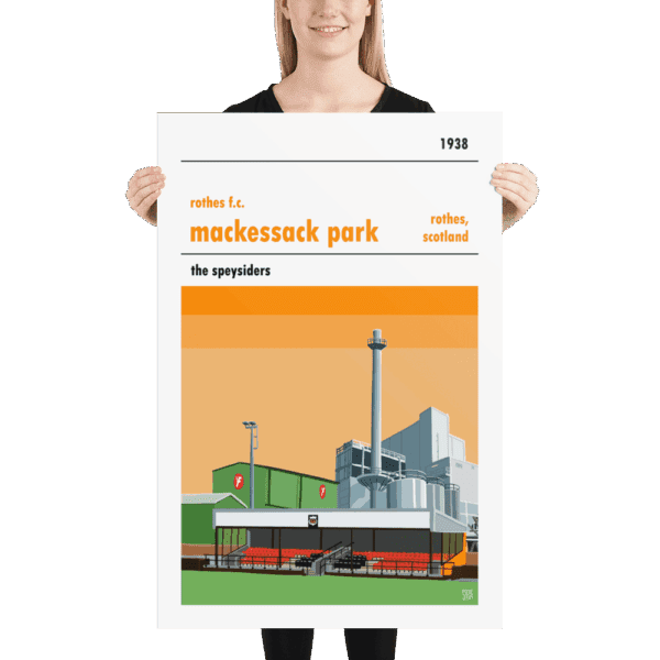 A large football poster of Mackessack Park, home to Rothes FC
