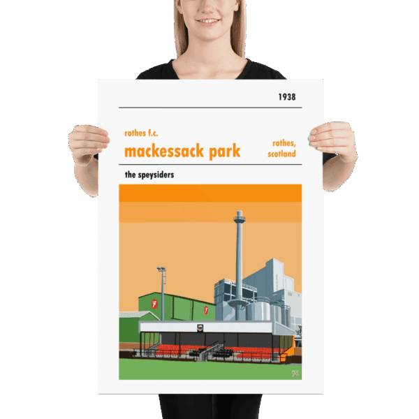 A football poster of Mackessack Park, home to Rothes FC. The Speysiders