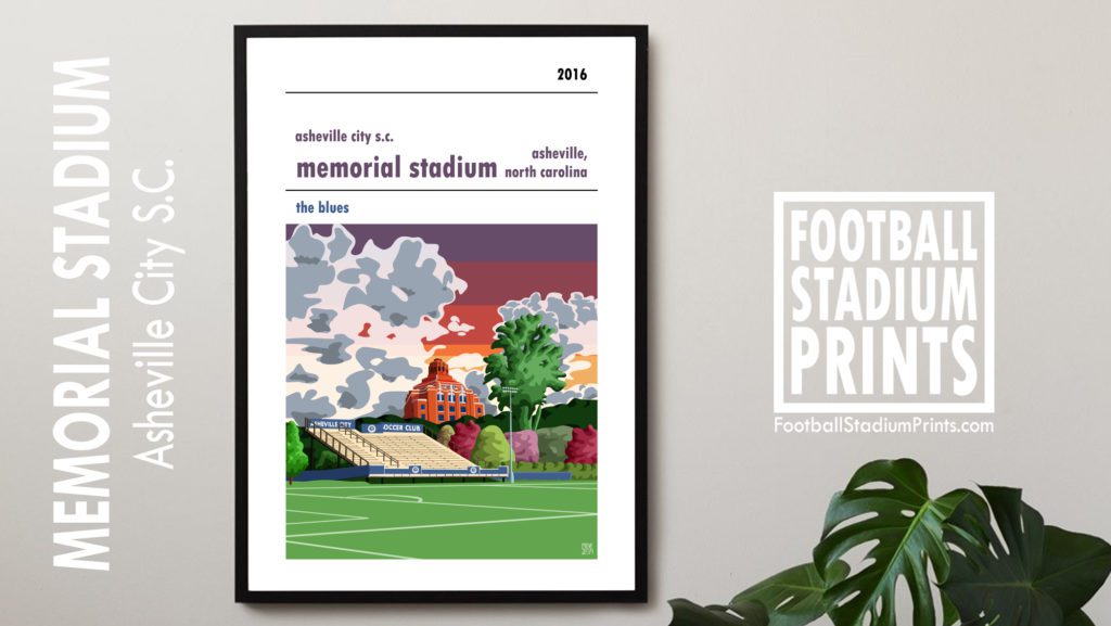 A framed soccer poster of Memorial Stadium, home to Asheville City Soccer Club