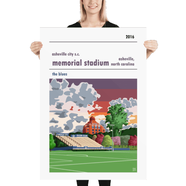 A huge football poster of Asheville City Soccer Club and Memorial Stadium
