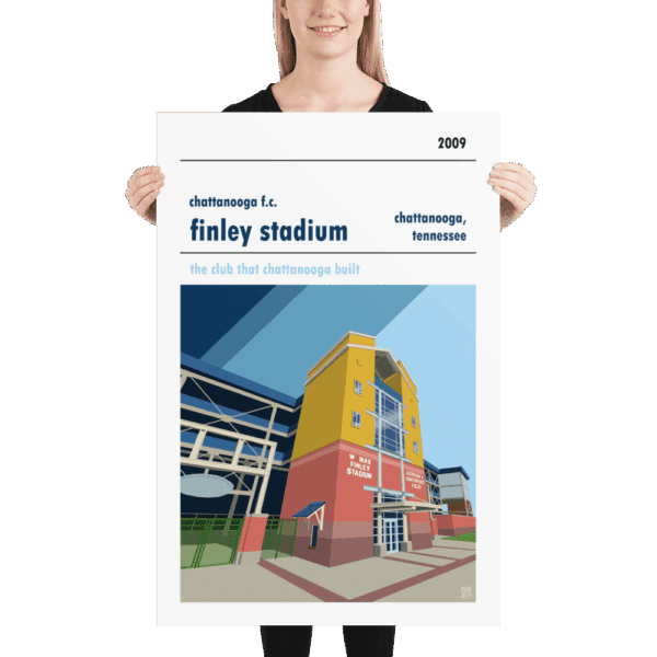 A large football poster of Chattanooga FC and the home field of Finley Stadium