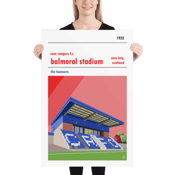 A large retro poster of Cove Rangers and Balmoral Stadium