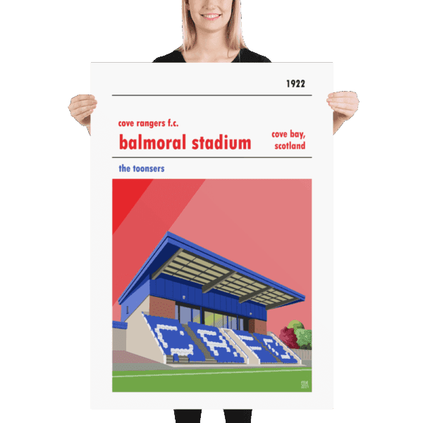 A huge poster of Balmoral Stadium, home to Cover Rangers, the Toonsers