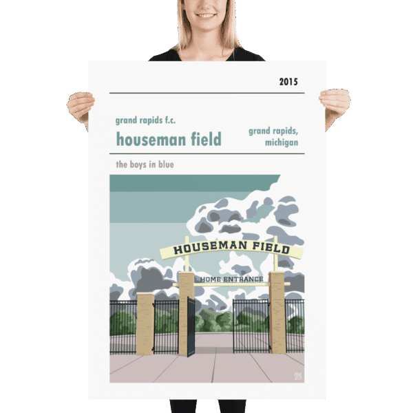 A huge college football poster of Houseman Field, home Grand Rapids FC