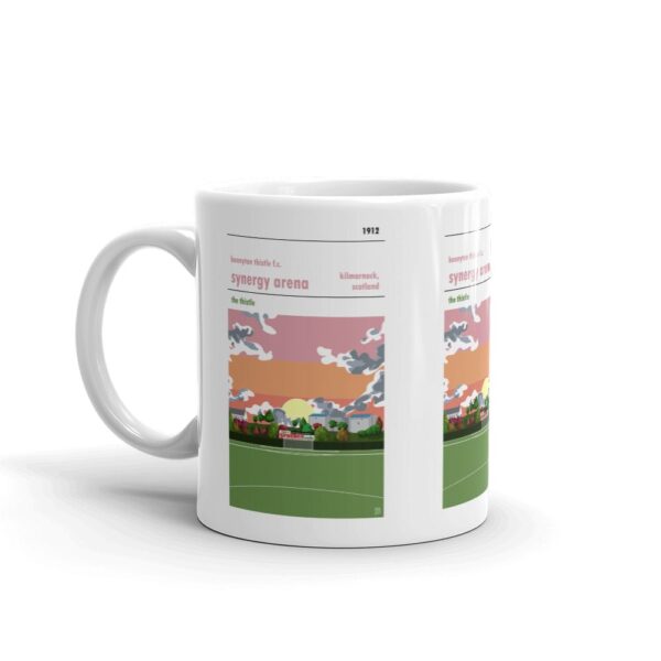 A coffee mug of Scottish Juniors side Bonnyton thistle and their home ground of the Synergy Arena