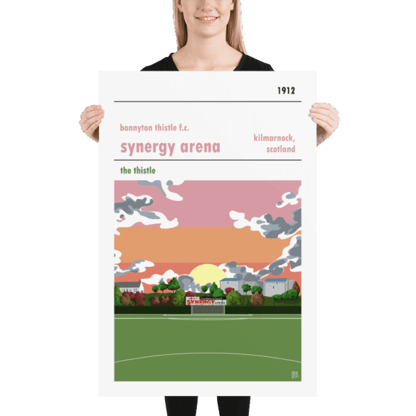 A large retro look poster of Bonnyton Thistle and their home ground of the Synergy Arena