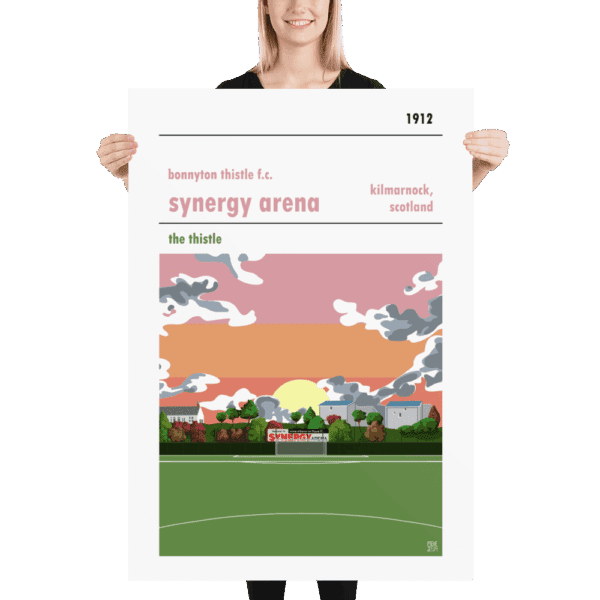 A huge football poster of the Synergy Arena, home to Junior team Bonnyton Thistle