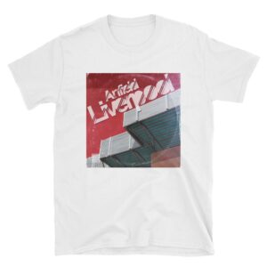 A limited edition record sleeve design t shirt of Liverpool FC and Anfield, showing the Kop