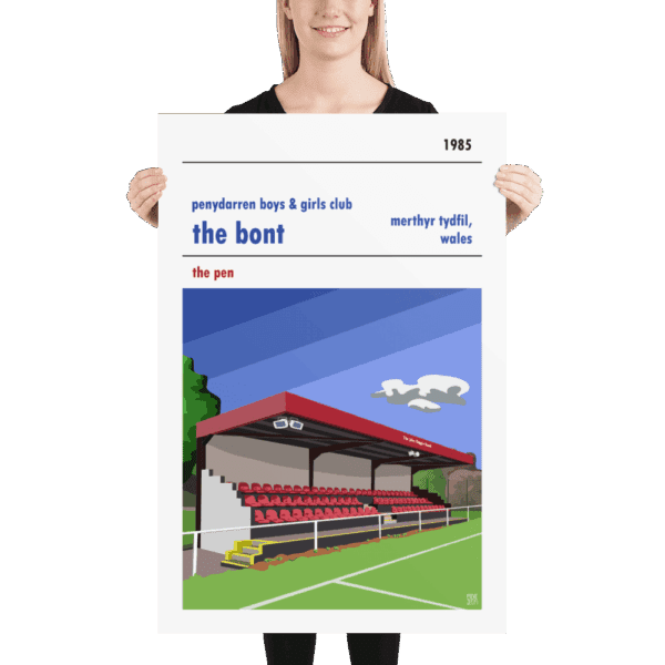 A large football poster of Penydarren FC showing the main stand at the ‘Bont