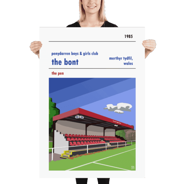 A huge poster of the Bont, home to Penydarren BGC