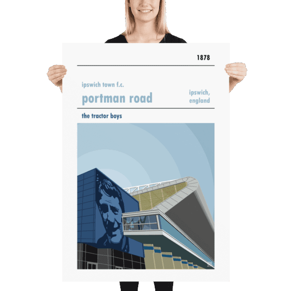 A huge football print of Portman Road, home to Ipswich Town. Features Bobby Robson