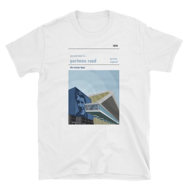 A t shirt of Portman Road, home of Ipswich Town FC. T-shirt features Sir Bobby Robson