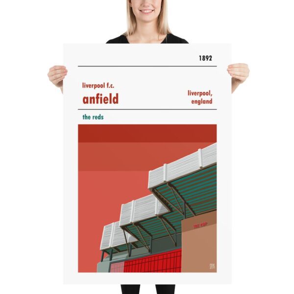A huge football poster of Liverpool FC and Anfield with a red sky.