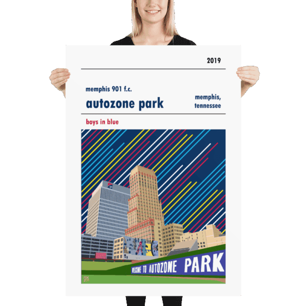 A huge stadium poster of Autozone Park, home to Memphis 901 FC
