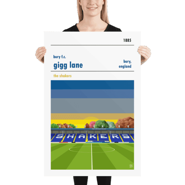 A large stadium poster of Bury FC and Gigg Lane