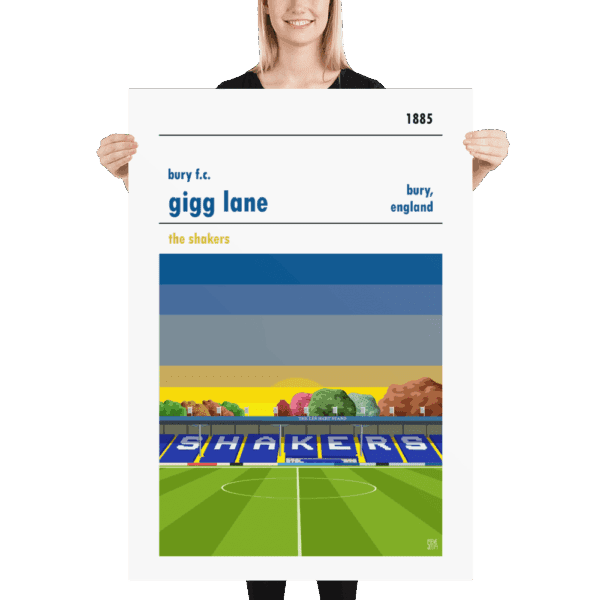 A huge poster of Gigg Lane, home to Bury FC