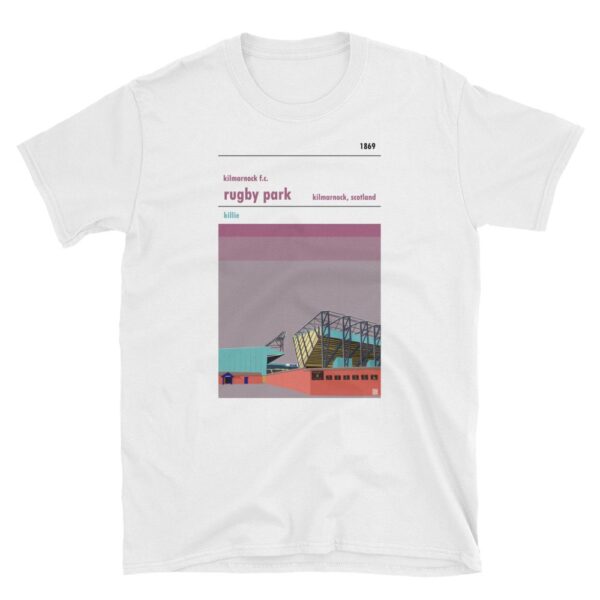 A white t shirt of KIlmarnock FC and Rugby Park