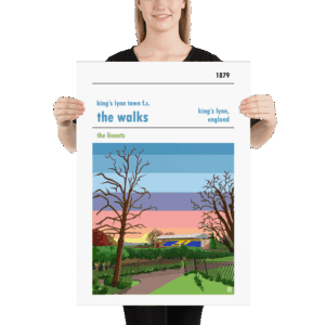 A retro football poster of Sunset over Kingβs Lynn Town FC and The Walks