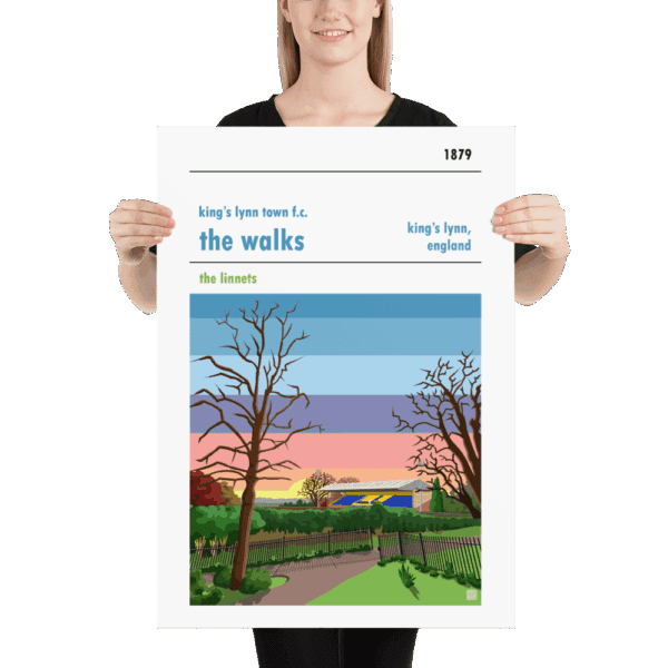 A retro football poster of Sunset over King’s Lynn Town FC and The Walks
