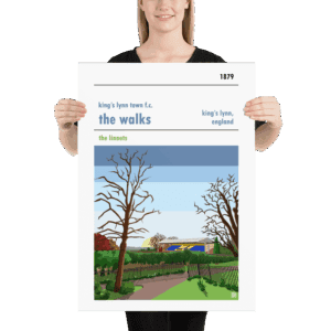 A retro style football poster of The Walks and Kingβs Lynn Town FC and sunrise