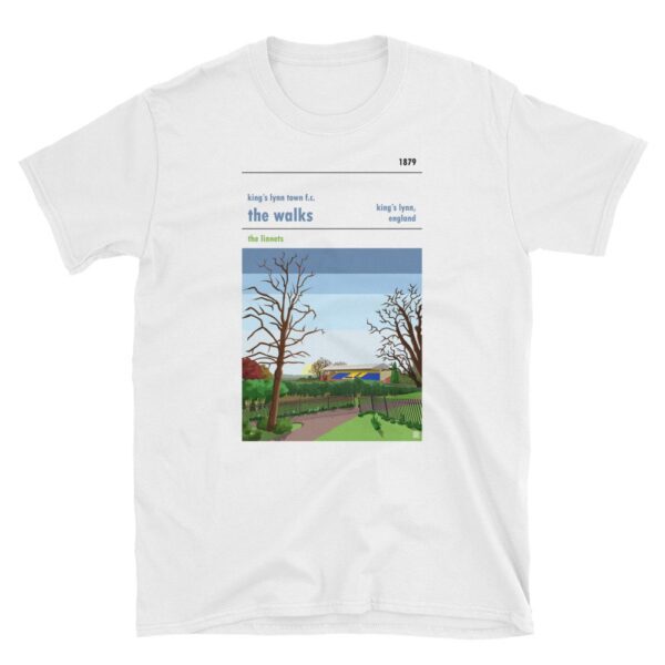A white retro t shirt of sunrise over King’s Lynn Town FC and The Walks