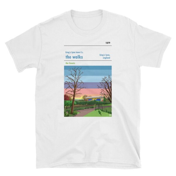 A white retro t shirt of sunset over The Walks and King’s Lynn Town FC