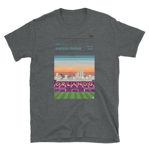 A dark grey t shirt of Exploria Stadium, home to Orlando City SC