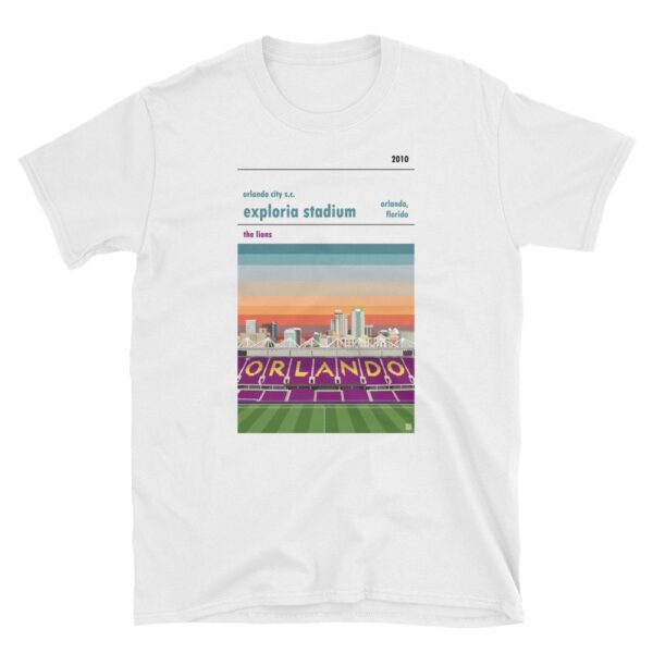 A white t shirt of Exploria Stadium and Orlando City SC