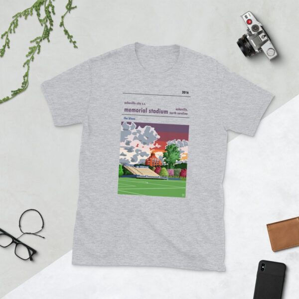 A grey t shirt of Asheville City SC and Memorial Stadium