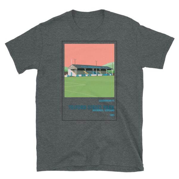 Dark grey t-shirt of Caledonian FC and Telford Street Park