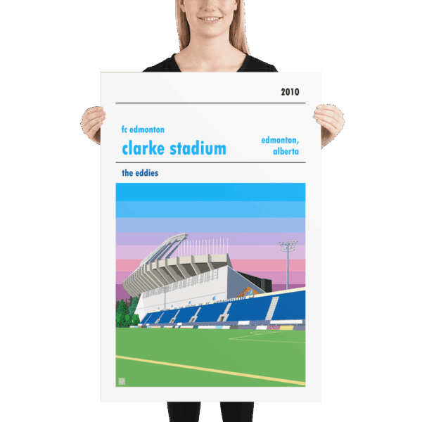 Huge football poster of FC Edmonton and Clarke Stadium