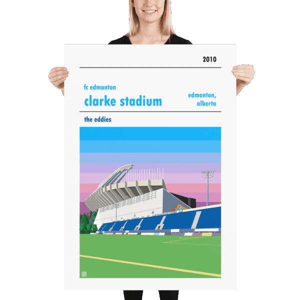 Massive football poster of FC Edmonton and Clarke Stadium