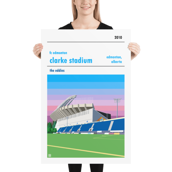 Huge football poster of FC Edmonton and Clarke Stadium