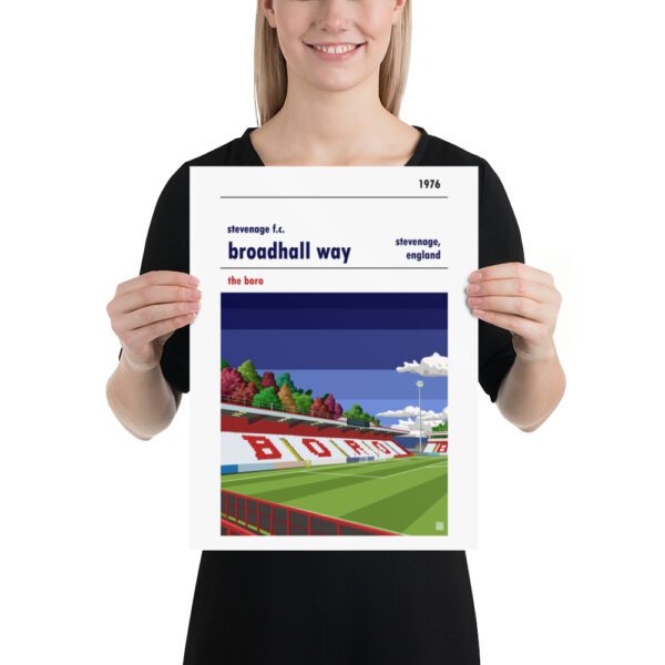 Medium sized football poster of Stevenage FC and Broadhall Way blue sky